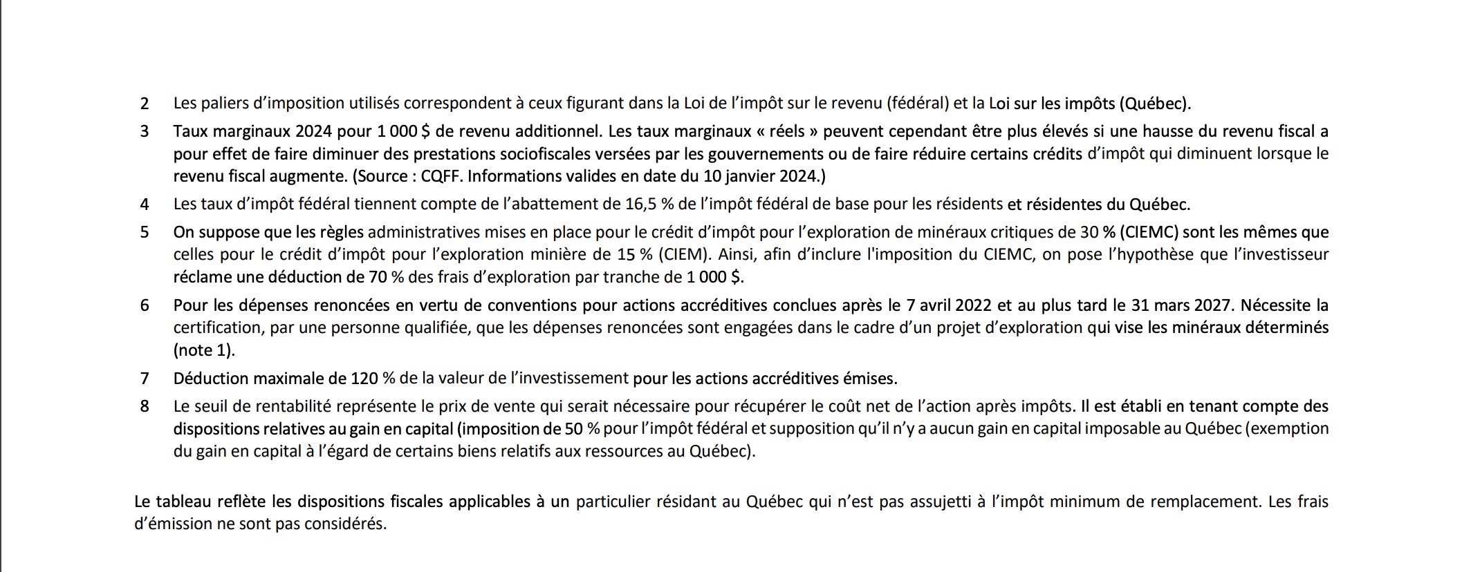 Analyse fiscale et coûts nets d'un investissement en actions accréditives pour des minéraux critiques identifiés dans le budget fédéral, en tenant compte des crédits d'impôt, des taux marginaux d'imposition, et des avantages fiscaux spécifiques pour les résidents québécois.